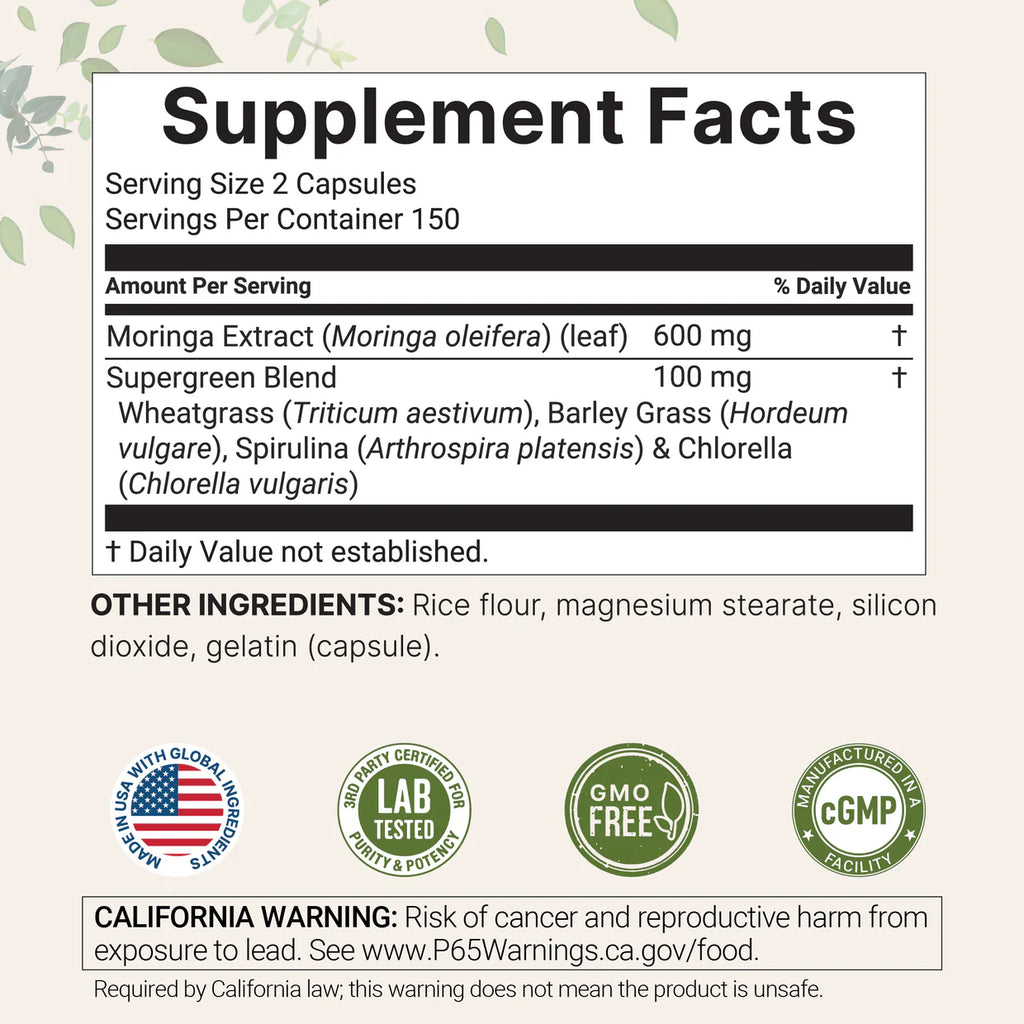 Moringa Oleifera, 300 Capsules with Supergreens Blend of Wheatgrass, Barley Grass, Spirulina, & Chlorella