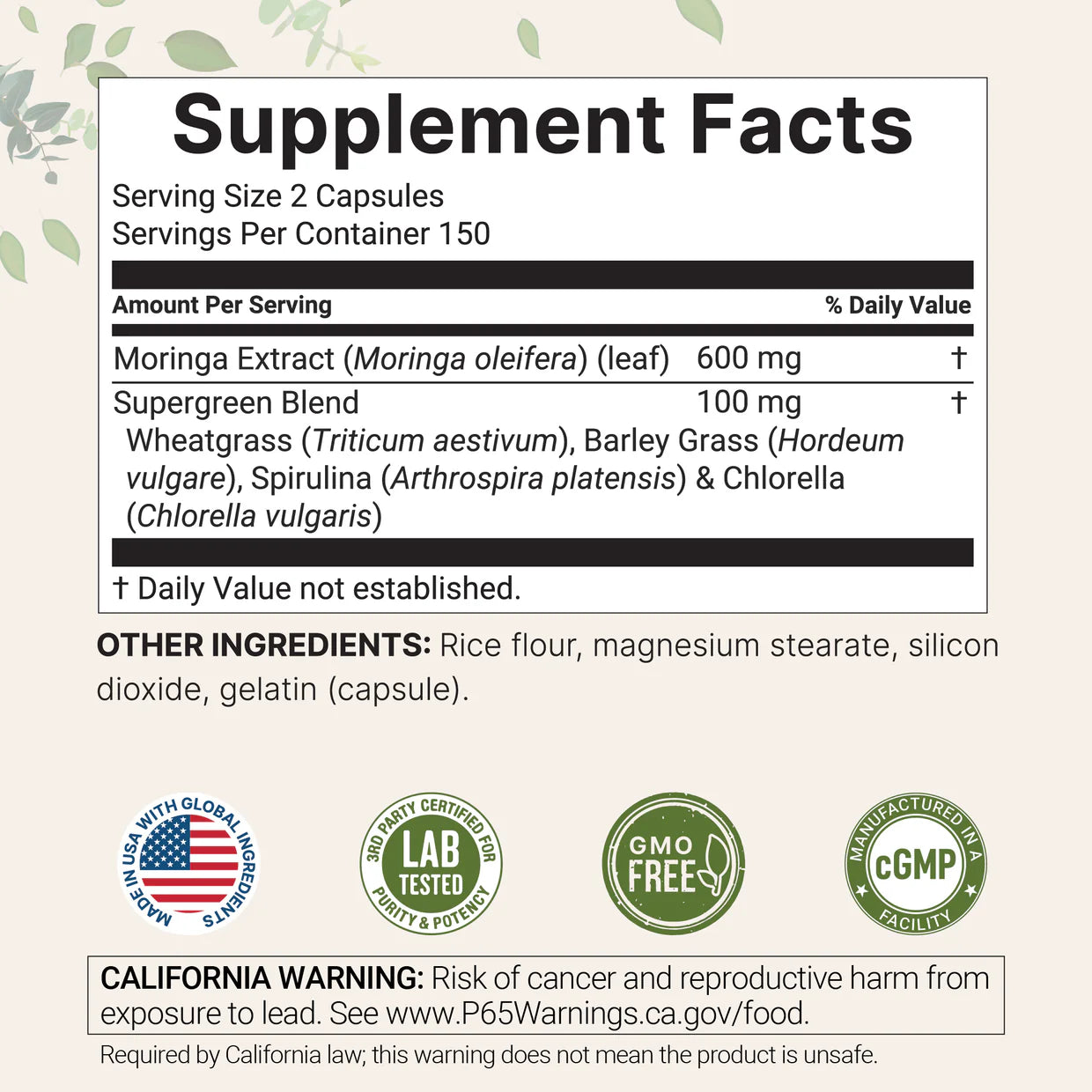 Moringa Oleifera, 300 Capsules with Supergreens Blend of Wheatgrass, Barley Grass, Spirulina, & Chlorella